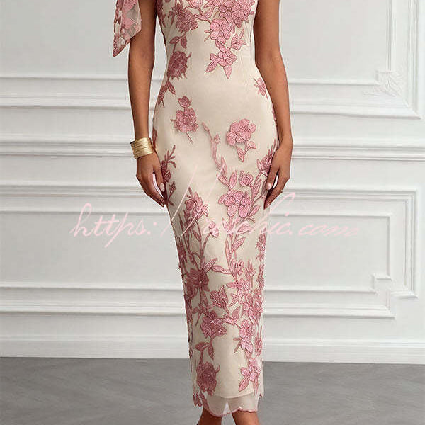 ワンピース Lace Quilted Bow Flower Brooch Sundress Kylen Floral Embroidery Bow Lace One Shoulder Sleeveless Sheath