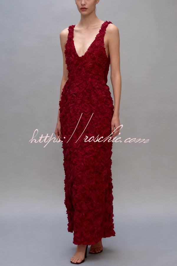 Three-dimensional Flower Sexy V-neck Slim Maxi Dress