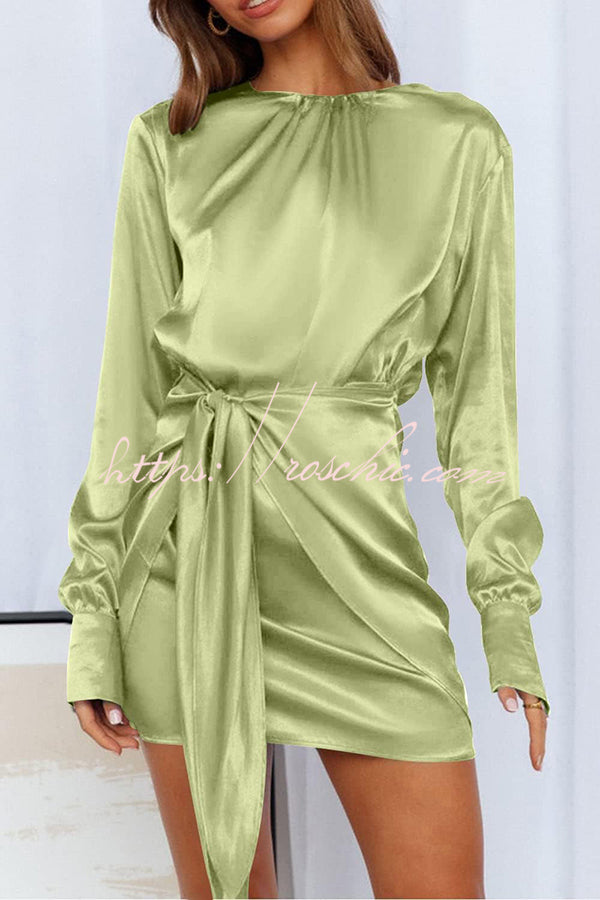 Satin Round Neck Long Sleeve Elastic Tie Mini Dress