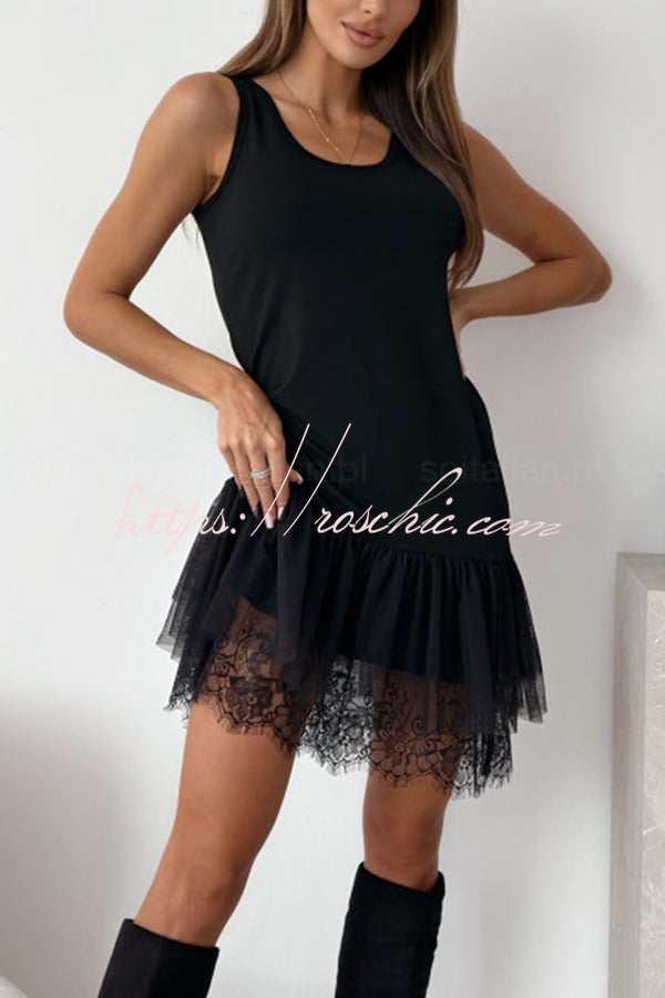 Breezy City Tulle Lace Tiered Hem Stretch Tank Mini Dress