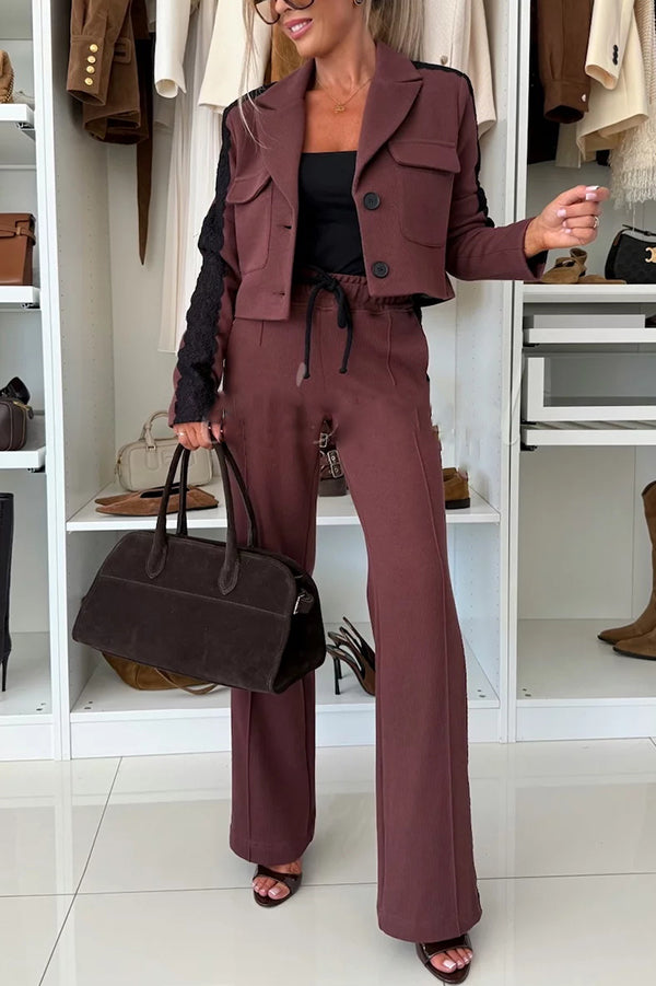 Fashion Lace Panel Long-sleeved Crop Top and Elastic Waist Tie Pocket Casual Pants Set