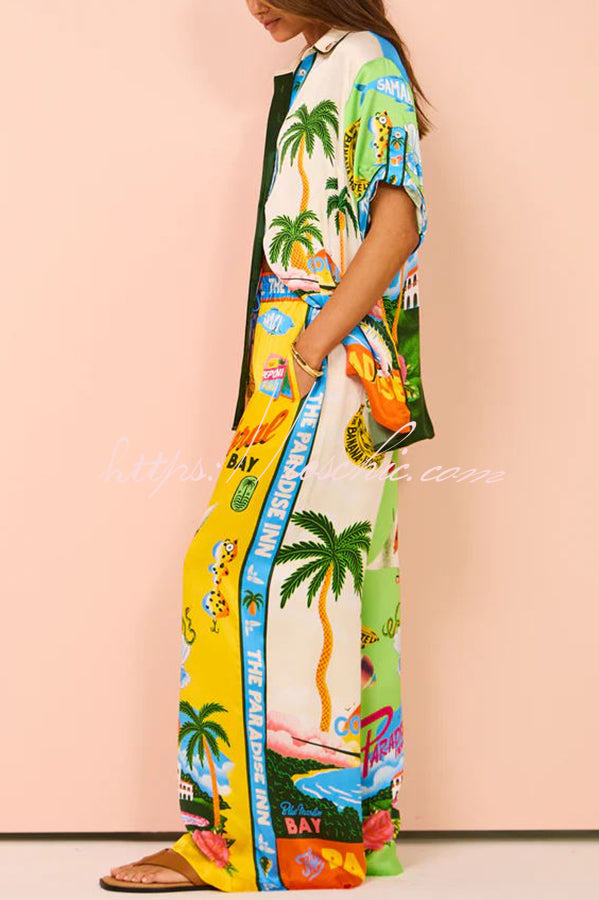 Kissed By The Sun Satin Unique Print Colorblock Elastic Waist Pocketed Wide Leg Pants