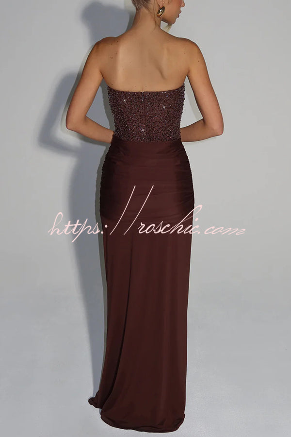Carina Sequined and Satin Jersey Off Shoulder Ruched Knot Drape Maxi Dress
