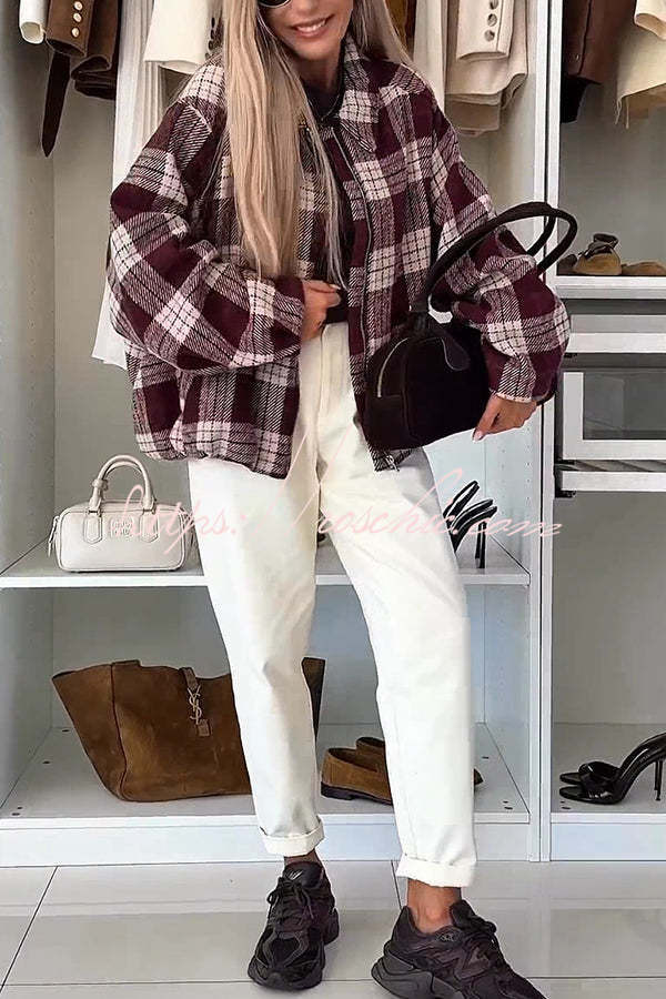 Fashion Plaid Print Lapel Long Sleeve Loose Zipper Jacket
