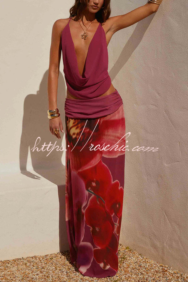 Sexy Deep V Backless Draped Camisole Top and Floral Print Chiffon Maxi Skirt Set