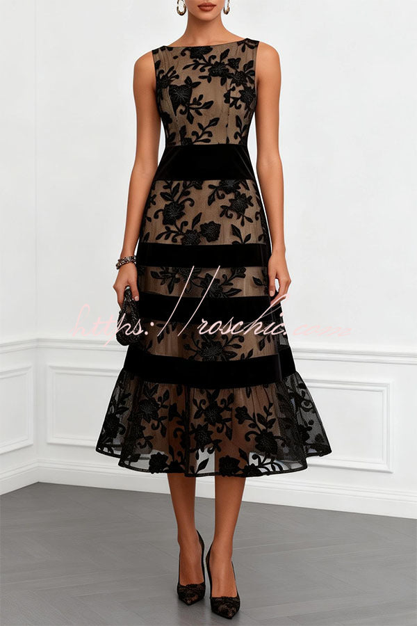 Rosmie Flower Mesh Lace Colorblock Boat Neck Sleeveless A-Line
