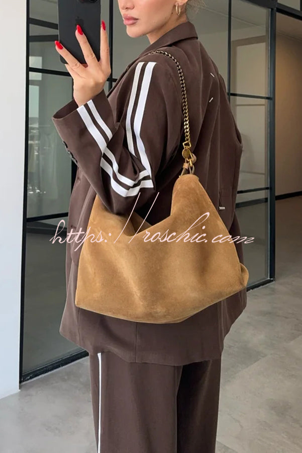 Levvie Striped Trim Long Sleeve Lapel Blazer and Rope Belt Pocketed Wide Leg Pants Set