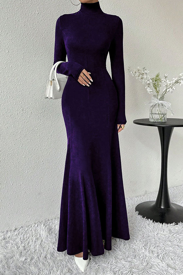 Solid Color High-neck Long-sleeved Slim-fit Fishtail Elegant Maxi Dress