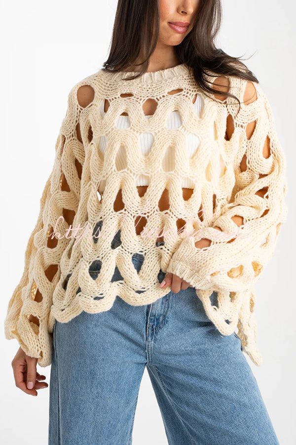 Solid Color Casual Hollow Long-sleeved Holiday Knitted Sweater