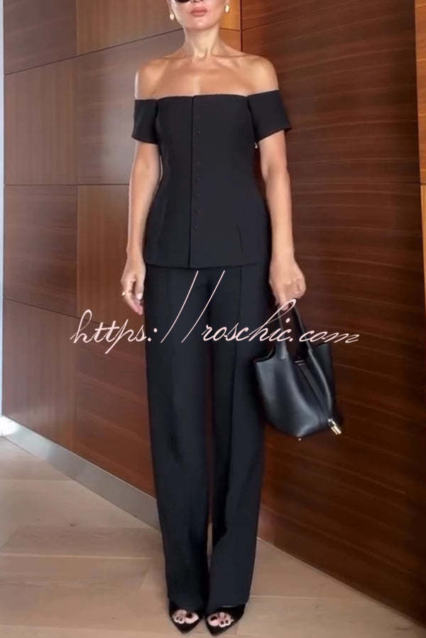 Solid Color Off-the-shoulder Single-breasted Top and Casual Pocket Straight-leg Pants Set