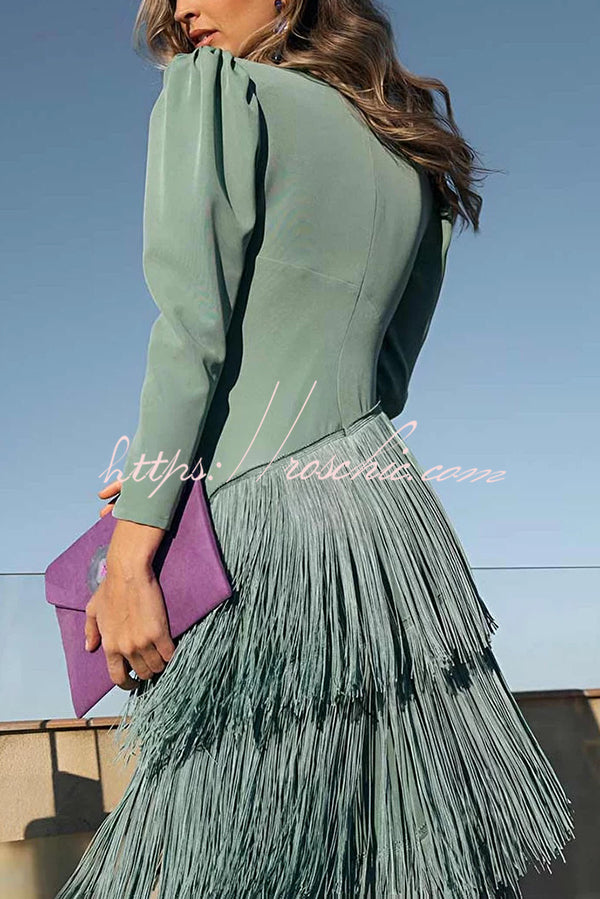 Solid Color V-Neck Long Sleeve Elegant Tassel Maxi Dress