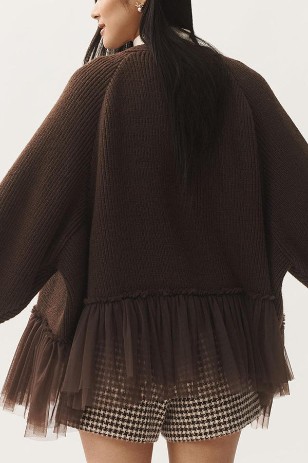 Fashionable Splicing Mesh Ruffle Knitted Long-sleeved Loose Cardigan