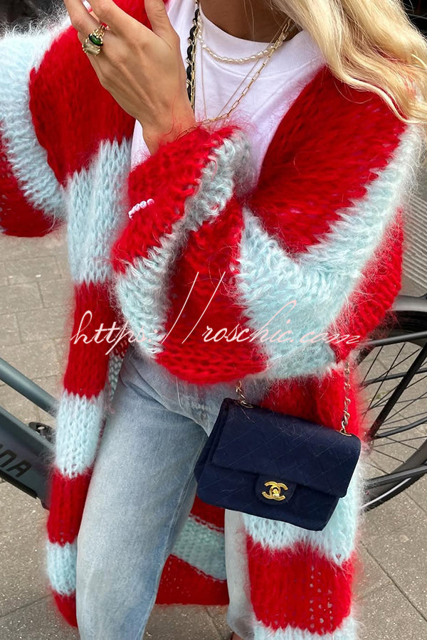 Fashionable Contrast Stripes Lazy Style Loose Long Knitted Cardigan