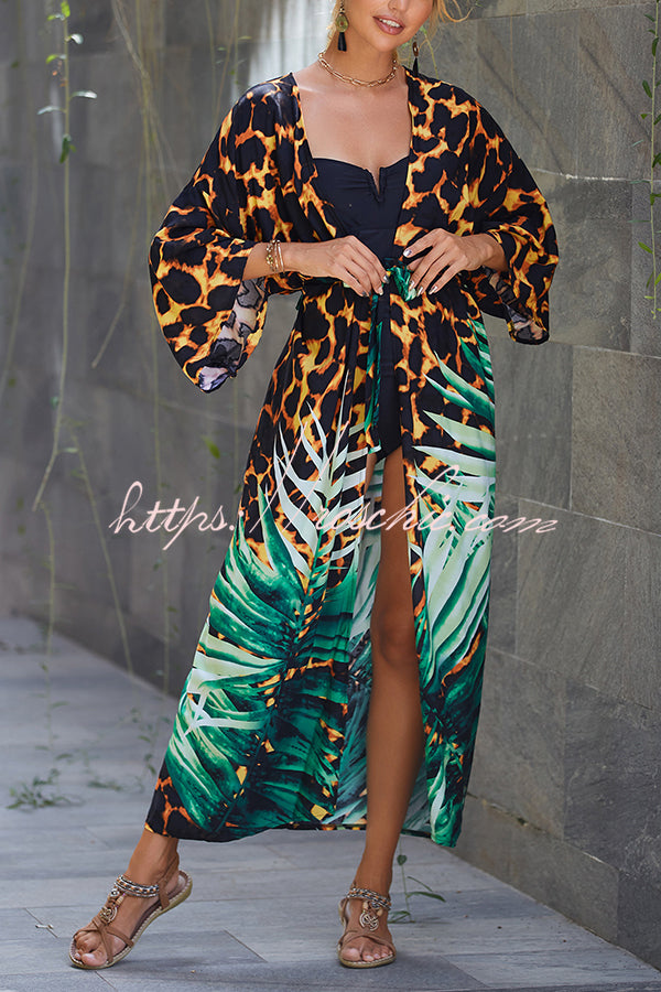 Unique Print Loose Lace Up Holiday Maxi Cover Up