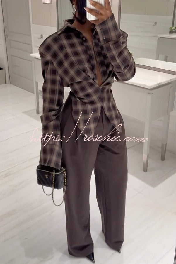 Vintage Plaid Shoulder Pad Buttons Long Sleeve Angled Hem Shirt