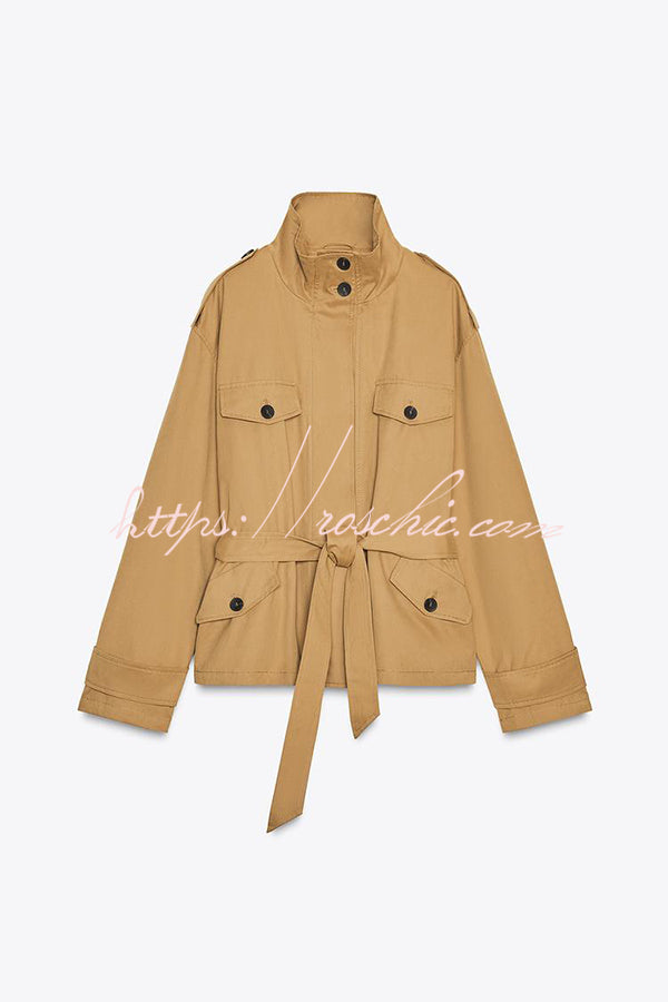 Chic Comfort Epaulettes Contrast Buttons Pocket Belt Cropped Trench Coat
