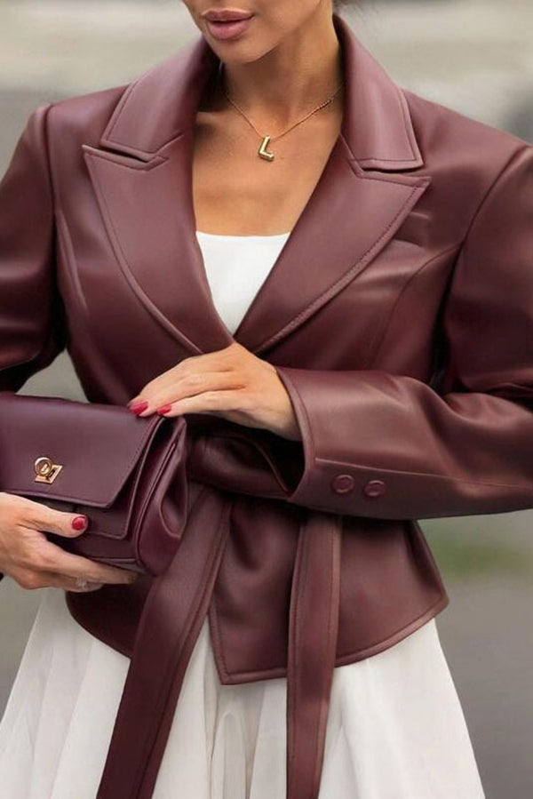 Solid Color Lapel Long Sleeve Waist Tie Loose Leather Jacket