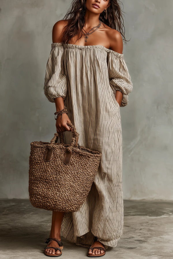Linen Blend Striped Print Loose Off-shoulder Casual Maxi Dress – roschic