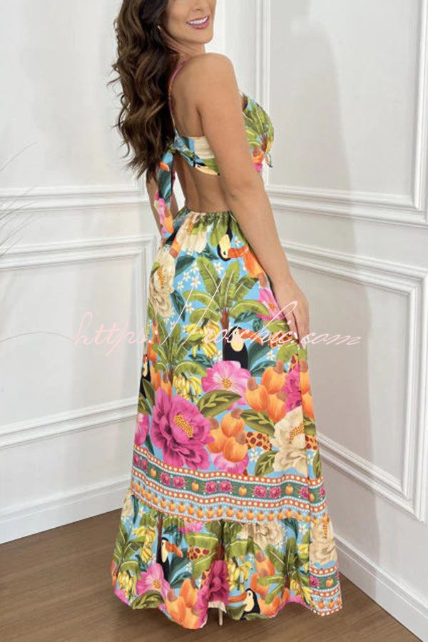 Mexico Style Tropical Print Ring Cutout Lace-up Vacation Maxi Dress