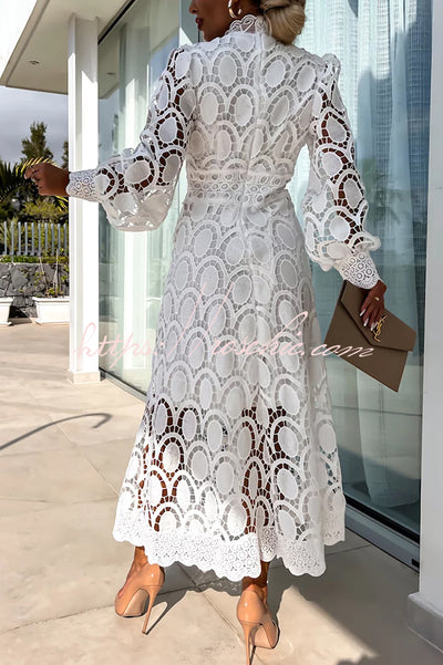 Romantic, Sensual and Elegant Crochet Lace Lantern Sleeve Party Midi Dress Romantic, Sensual and Elegant Crochet Lace Lantern Sleeve Party Midi Dress