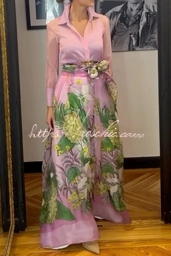 Seeds of Happiness Tulle Floral Print Elastic Waist Belt Pocketed Maxi Skirt