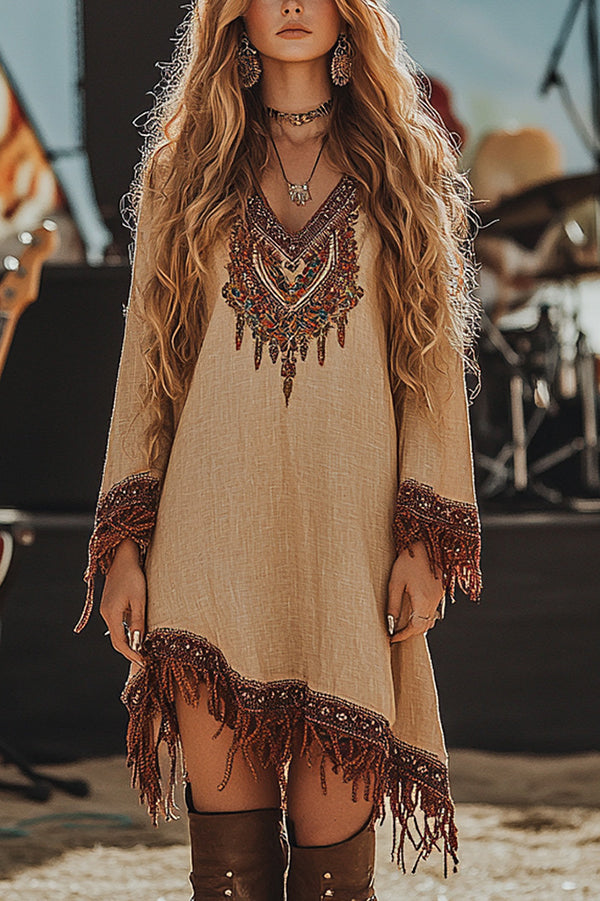 Unique Printed V-Neck Long Sleeve Fringe Loose Mini Dress Unique Printed V-Neck Long Sleeve Fringe Loose Mini Dress