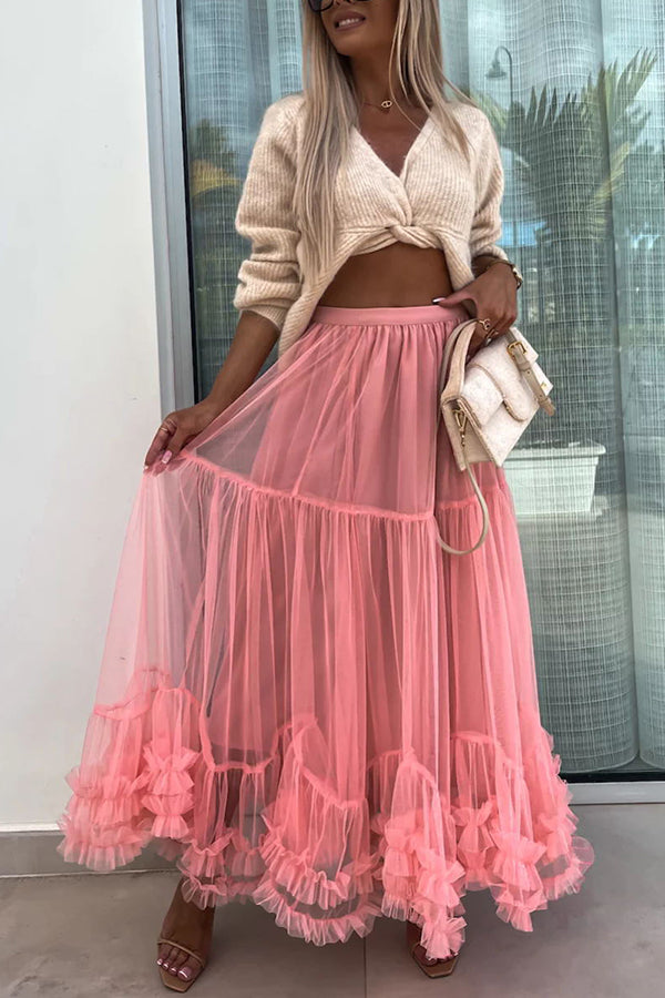 Elegant Tulle Stretch Waist Paneled Pleated Maxi Skirt