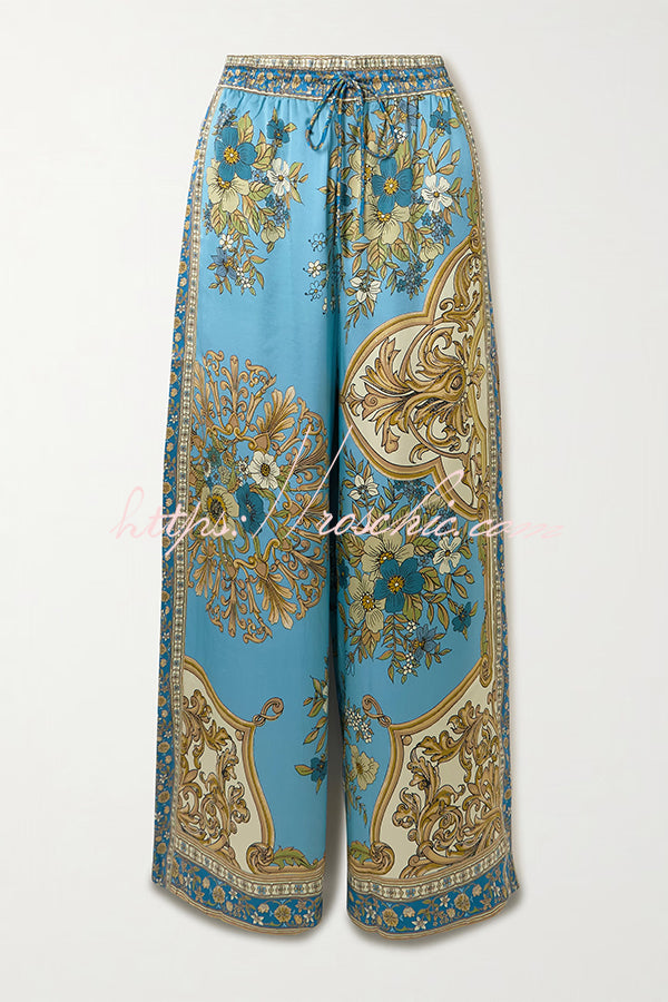 Satin Floral Print Loose Shirt and Elastic Waist Pocket Casual Wide-leg Pants