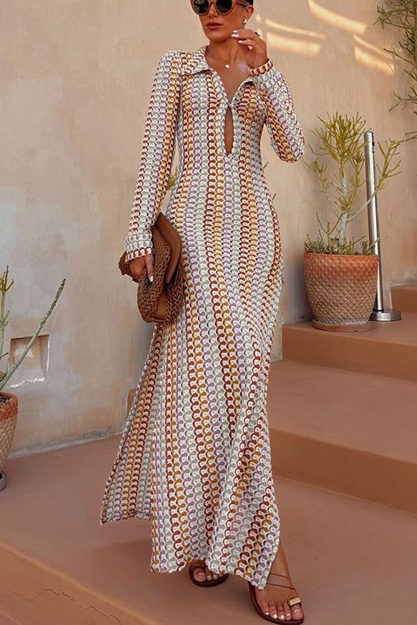 Bondi Beach Knit Colorful Wave Print Long Sleeve Vacation Maxi Dress, Brown / S Bondi Beach Knit Colorful Wave Print Long Sleeve Vacation Maxi Dress, Brown / S