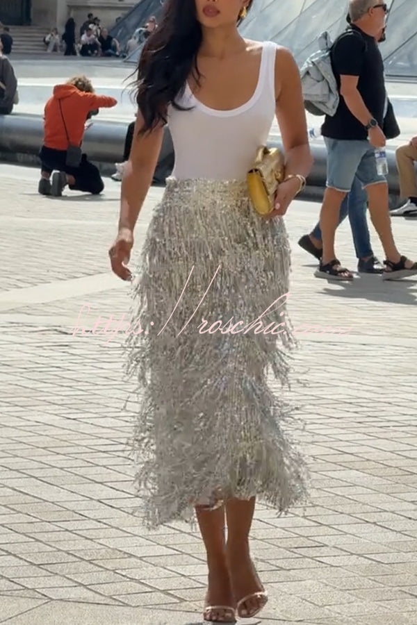 Evening Charm Layered Sequined Tassels High Rise Back Zipper Slit Midi Skirt