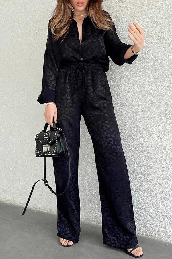 Leopard Print Jacquard Long Sleeved Shirt with Elastic Waist and Pant Two Piece Set