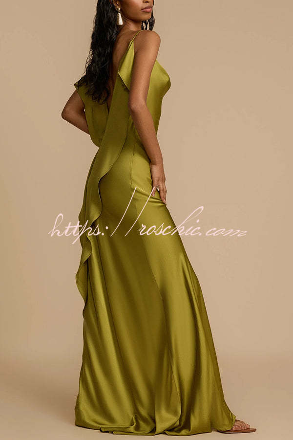 slim fit dress slacks Cowl Neck Champagne A-Line Long Bridesmaid Dress with Slit – FancyVestido main image 0