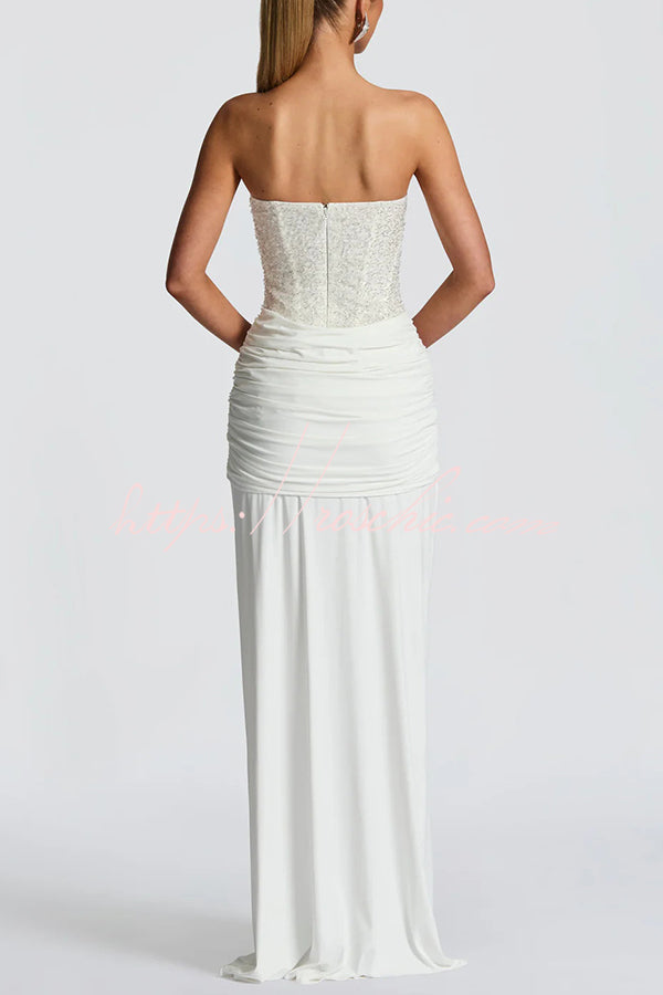 Carina Sequined and Satin Jersey Off Shoulder Ruched Knot Drape Maxi Dress