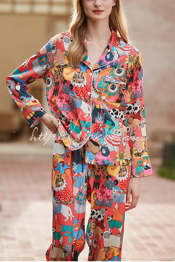 Banquet Cat Print Home Long Sleeved Two-piece Set