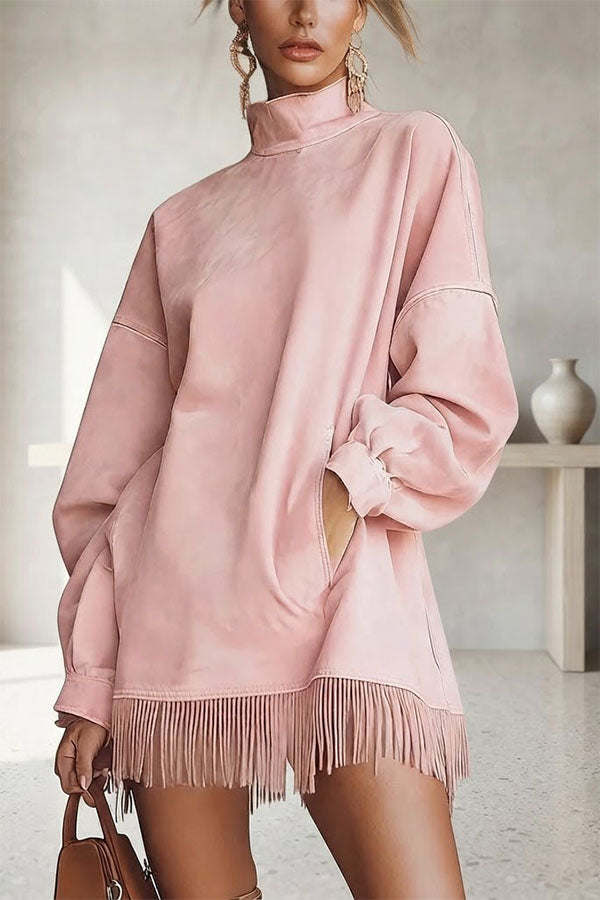 loose mini dress Stylish Suede High-neck Long-sleeved Loose-fitting Pockets Tassel Third Form - Exclusive beaded appliques The perfect t Size:14w