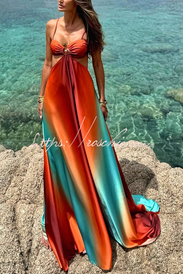 white christmas dresses Neon Sunset Printed Metal Decoration Cutout Back Tie-up Vacation Maxi –  roschic
