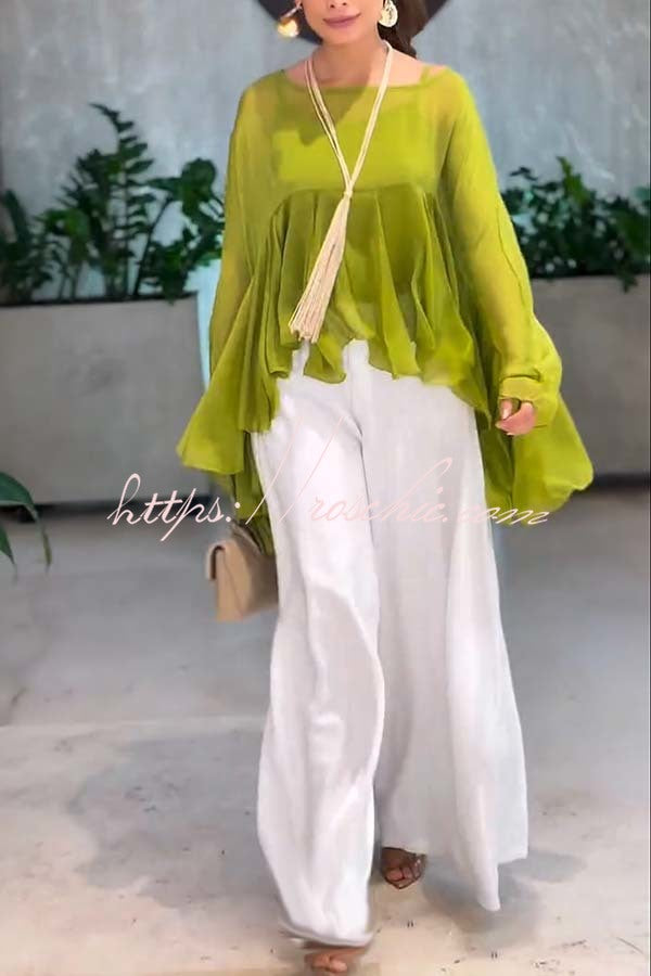 Romantic Journey Chiffon Ruffle Batwing Sleeve Top and Elastic Waist Pocket Loose Pants Set