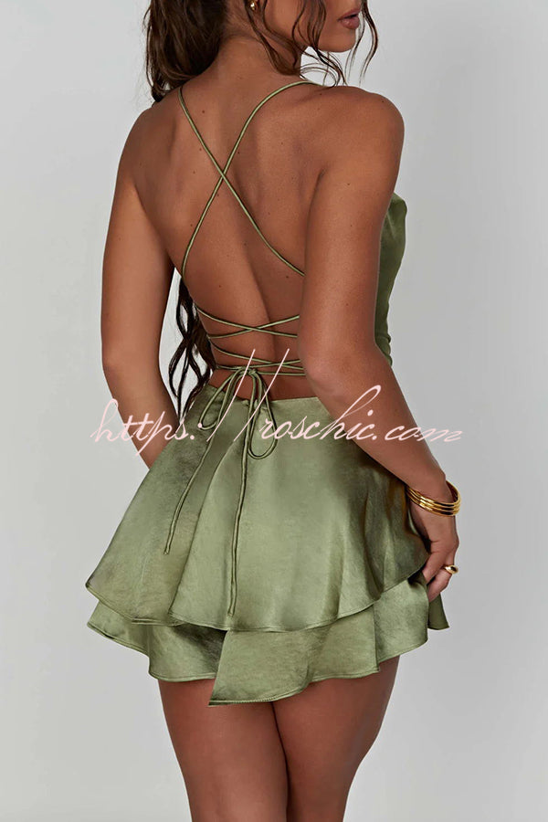 Ruffled Elegant Satin Strappy Satin Backless Lace Up Mini Dress