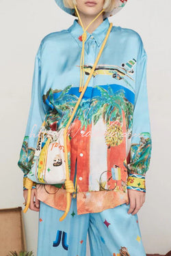 Vacation Flights Satin Unique Print Button Down Oversized Blouse