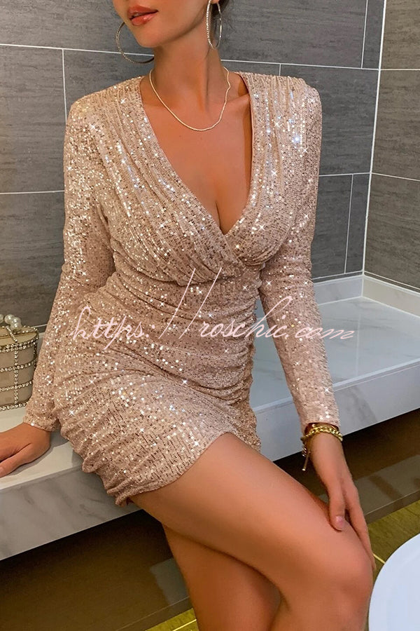 V Neck Wrap Hip High Waist Sequin Mini Dress