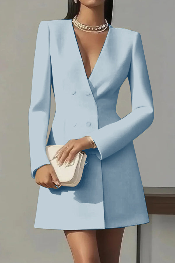 Fashionable V-neck Long-sleeved Double-breasted Waist Mini Dress