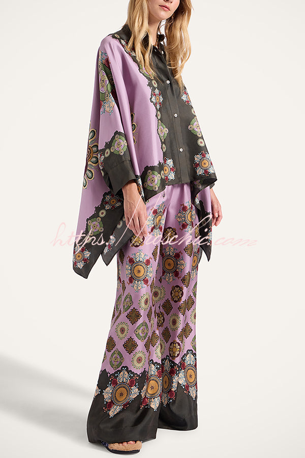 Satin Unique Print Loose Batwing Sleeve Top and Elastic Waist Pocket Casual Wide-leg Pants Set