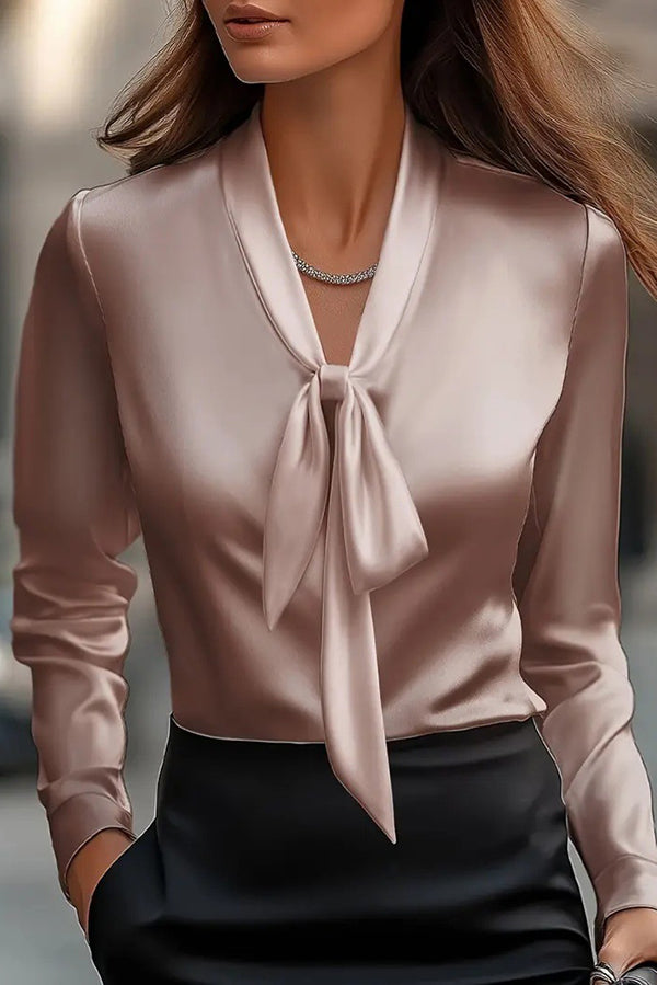 Satin Solid Color V-neck Tie Long Sleeve Elegant Shirt