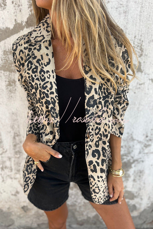 Leopard Print Lapel Long Sleeve Casual Blazer