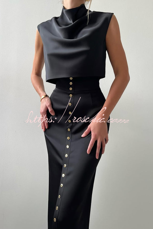 Solid Color Casual Sleeveless Crop Top and Elegant Button-down Maxi Skirt Set