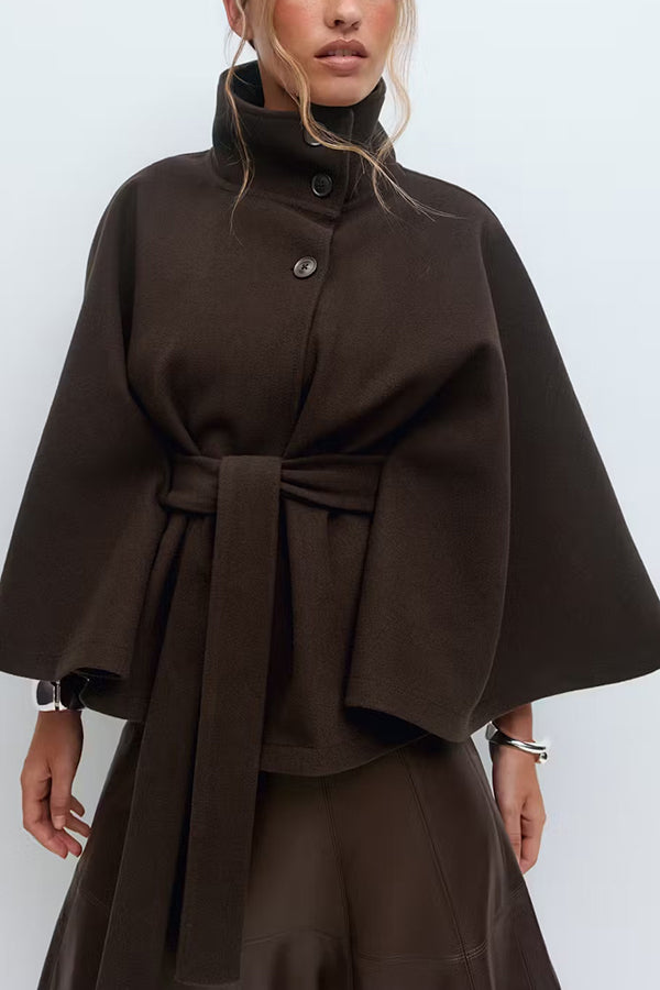 Fashionable Stand Collar Button Waist Tie Loose Cape