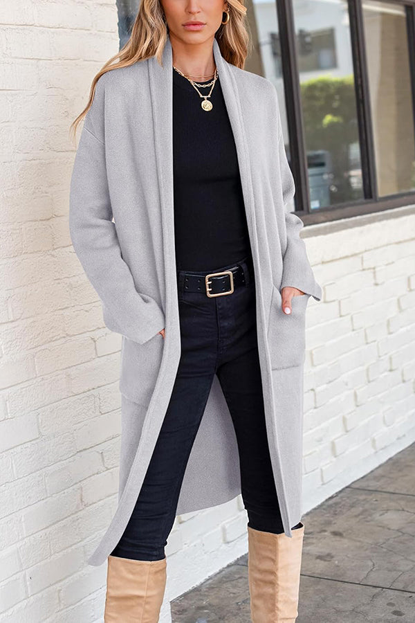 Solid Color Long-sleeved Casual Loose Pocket Mid-length Cardigan
