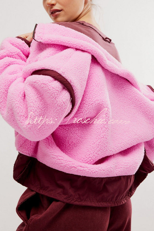 Stylish Patchwork Stand Collar Sherpa Zipper Jacket