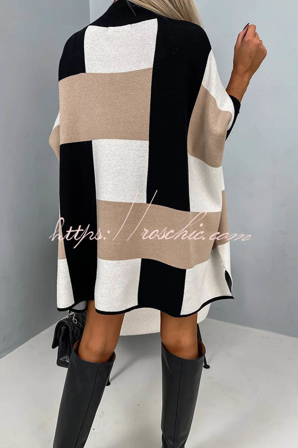 Hughes Color Block Plaid Mock Neck Cape Loose Sweater