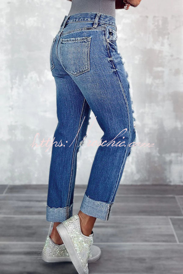 Lucy High Rise Distressed Pocketed Cuffed Hem Straight Leg Denim